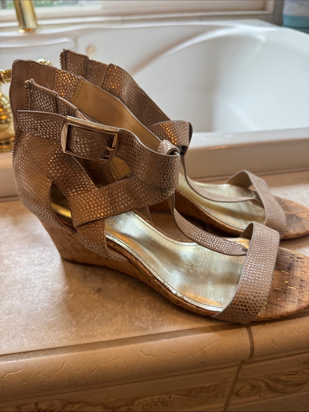 Donald J. Pliner Taupe Textured Cork Wedge Sandals